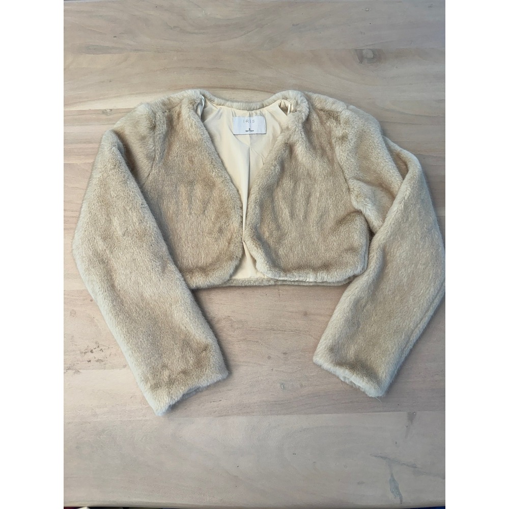 IRIS Cropped Faux Fur Bolero Shrug Jacket Womens S Ivory Cream Open Front S